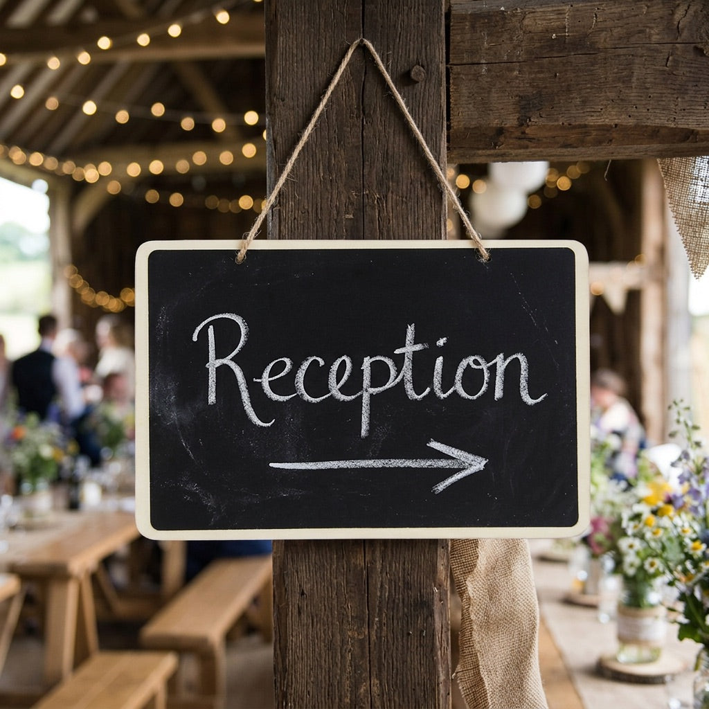 Chalkboard sign pointing to 'Reception' at an outdoor event with wooden tables and string lights.