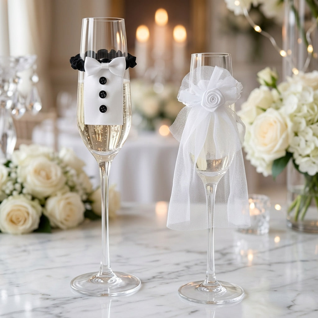 Decorative champagne flutes with tuxedo and wedding dress ribbons on a marble surface with floral arrangements.