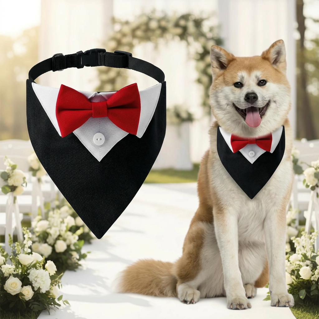 Dog wearing a formal outfit with a red bow tie and black vest, standing outdoors with floral decorations.