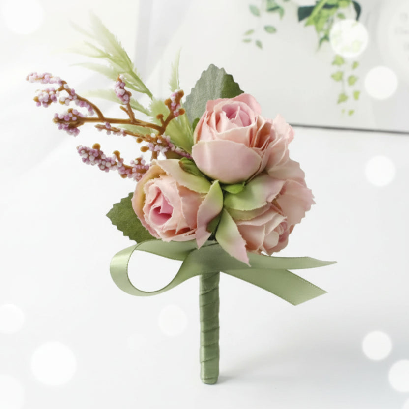 Artificial floral wedding buttonhole with ribbon finish