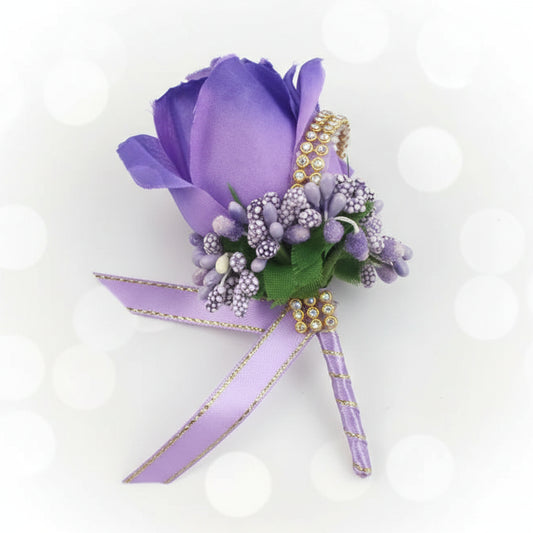 Artificial floral wedding buttonhole with ribbon finish