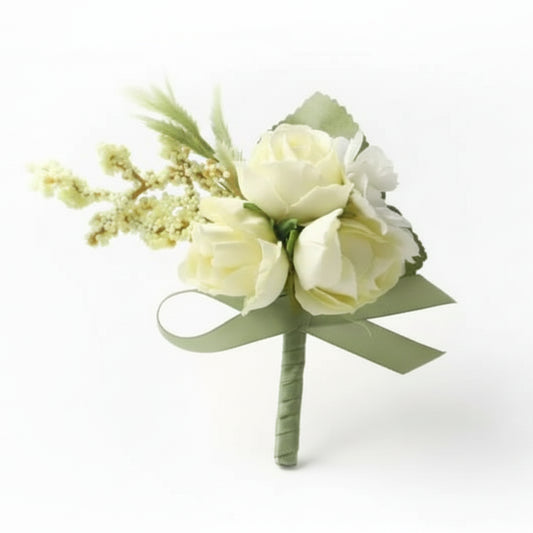 Artificial floral wedding buttonhole with ribbon for groom or groomsmen