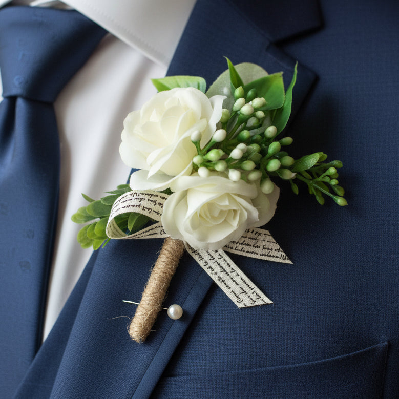 White artificial floral wedding buttonhole with ribbon finish