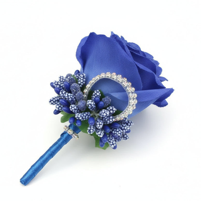 Artificial floral wedding buttonhole with ribbon finish