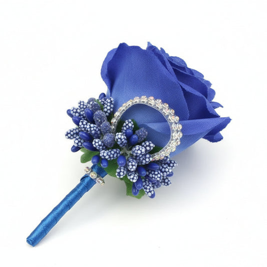 Artificial floral wedding buttonhole with ribbon finish