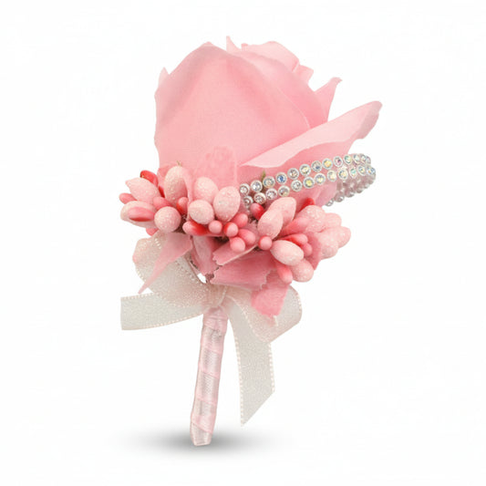 Artificial floral wedding buttonhole with ribbon finish