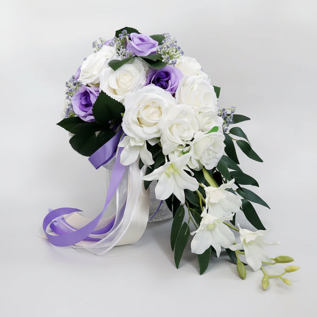 Purple & White Cascading Bridal Bouquet