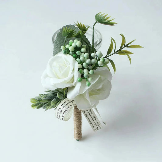 Artificial floral wedding buttonhole with ribbon finish