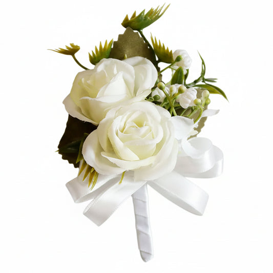 Artificial floral wedding buttonhole with ribbon finish