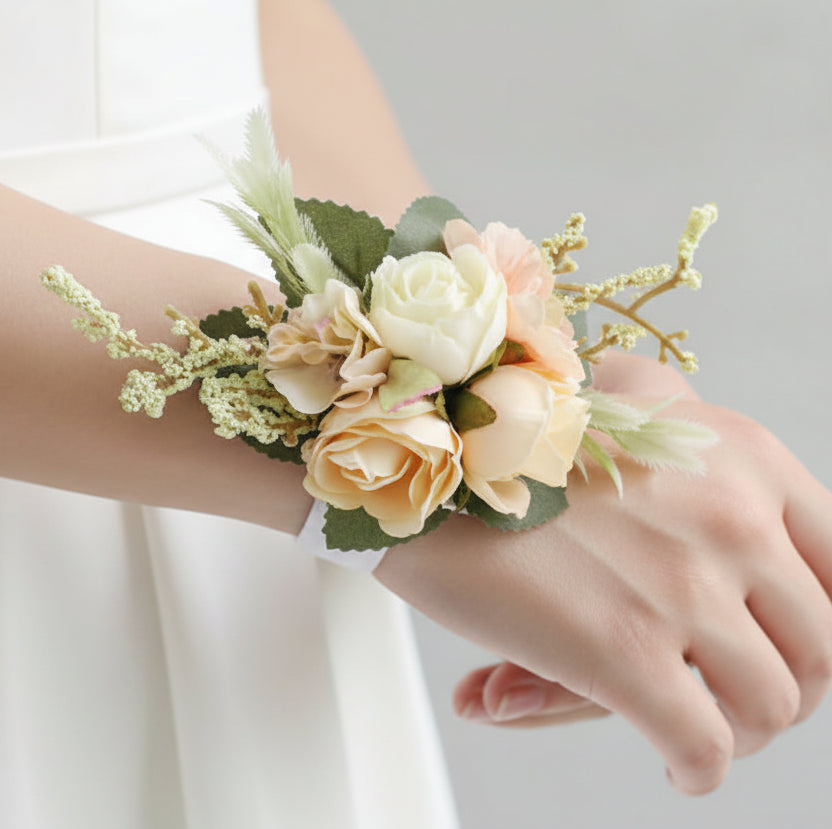 Artificial wedding wrist corsage with realistic flowers