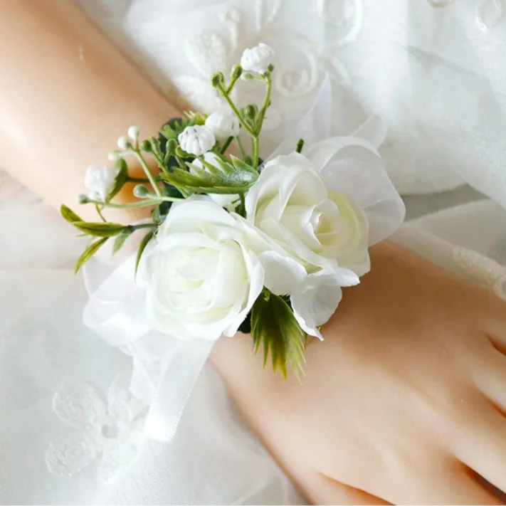 Artificial wedding wrist corsage with realistic flowers