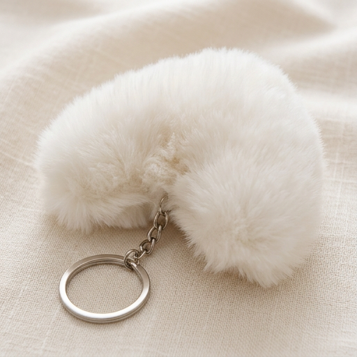 White fluffy keychain on a beige fabric background