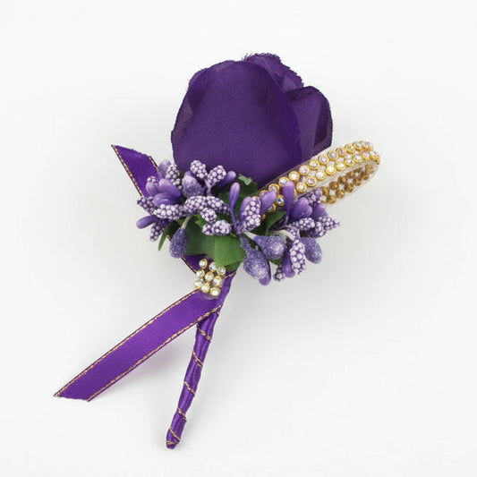 Artificial floral wedding buttonhole with ribbon finish