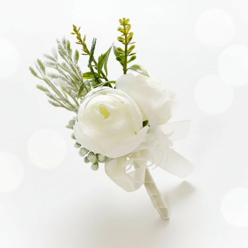 Artificial floral wedding buttonhole with ribbon finish