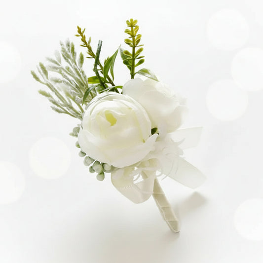 Artificial floral wedding buttonhole with ribbon finish