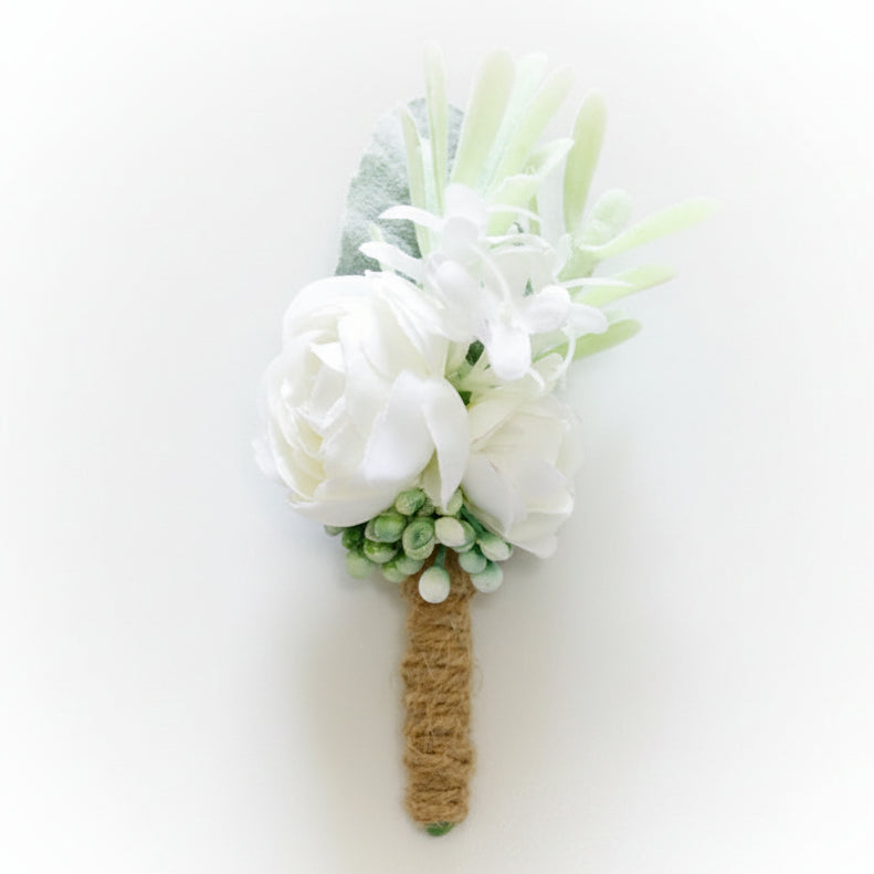 Artificial floral wedding buttonhole with ribbon finish