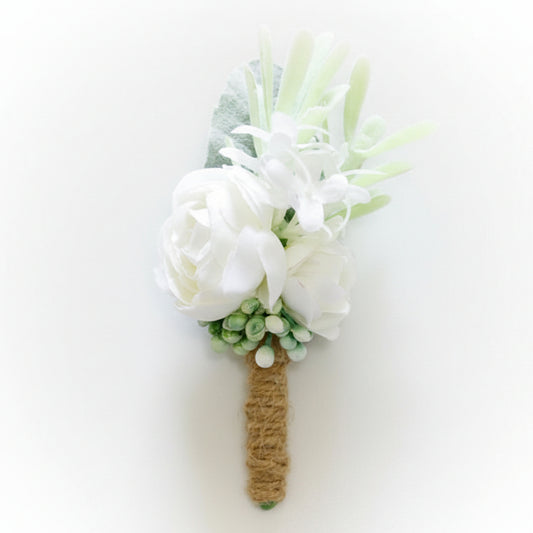 Artificial floral wedding buttonhole with ribbon finish