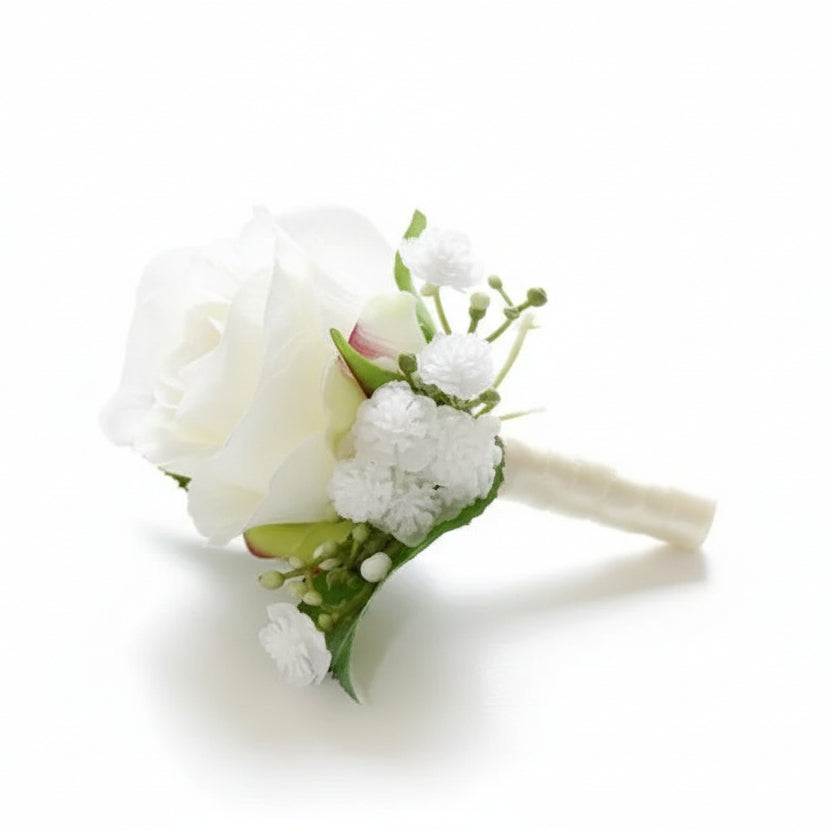 Artificial floral wedding buttonhole with ribbon finish
