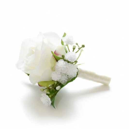 Artificial floral wedding buttonhole with ribbon finish