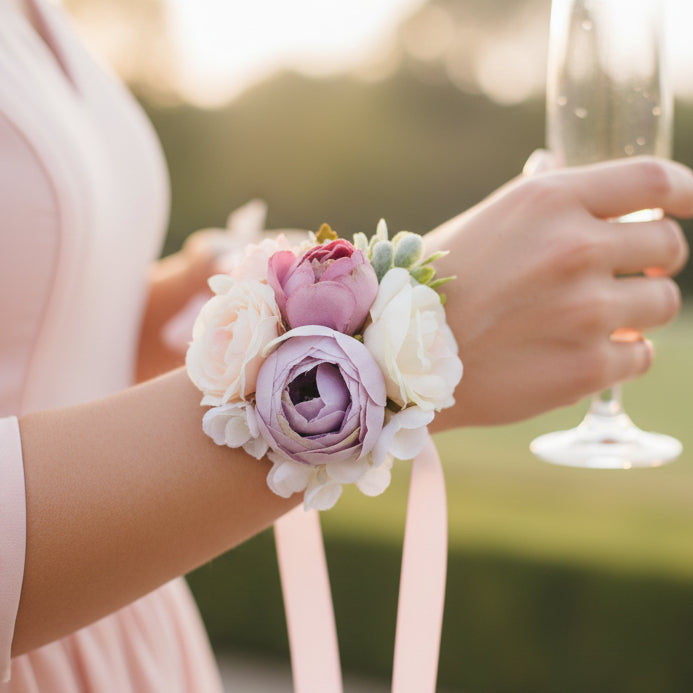 Artificial wedding wrist corsage with realistic flowers