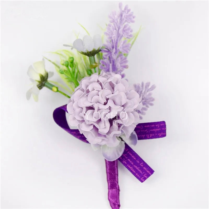 Artificial floral wedding buttonhole with ribbon finish