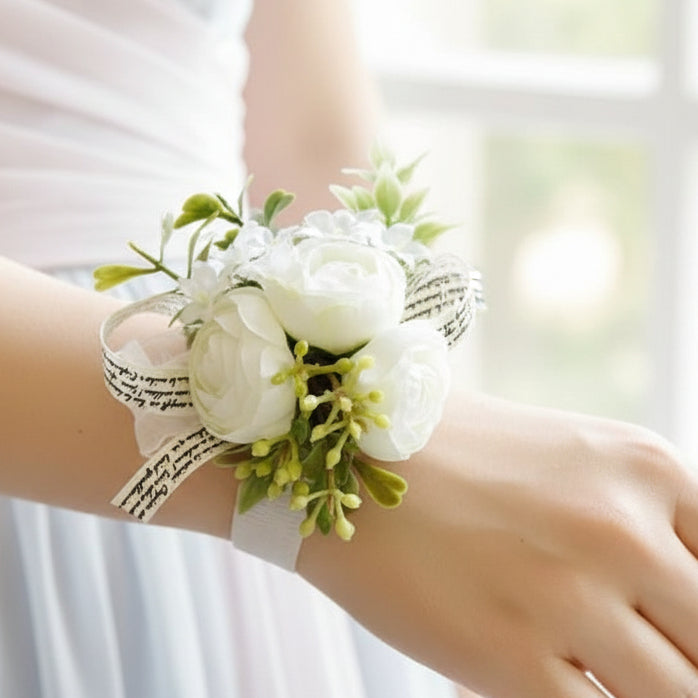 Artificial wedding wrist corsage with realistic flowers