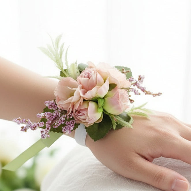 Artificial wedding wrist corsage with realistic flowers