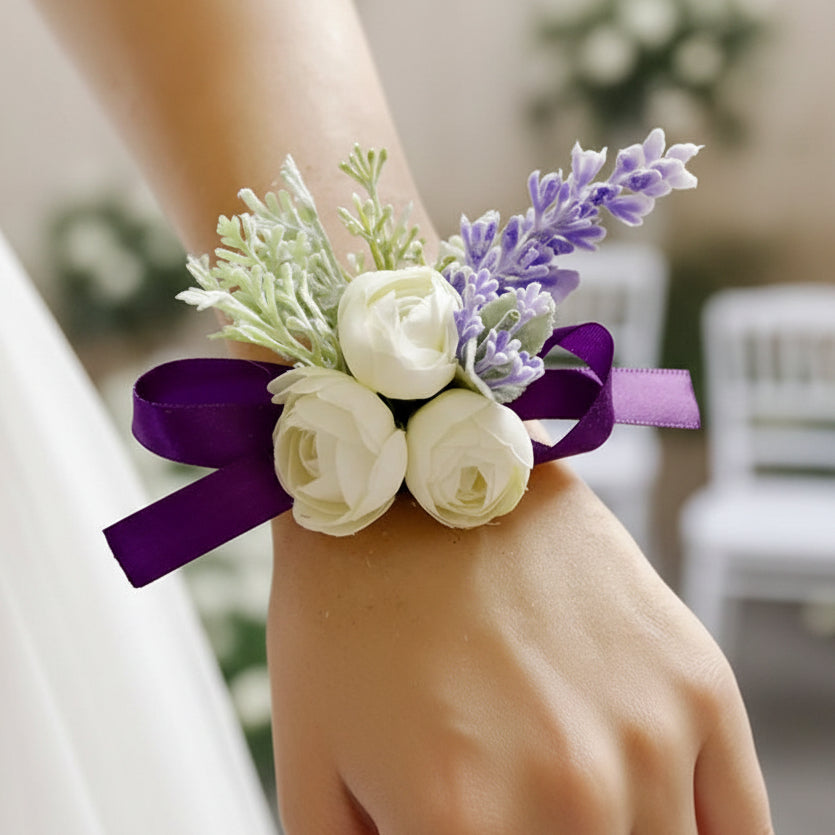 Artificial wedding wrist corsage with realistic flowers