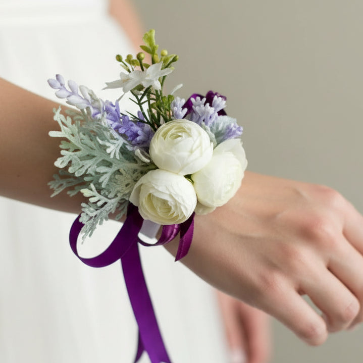 White & Purple Wedding Wrist Corsage
