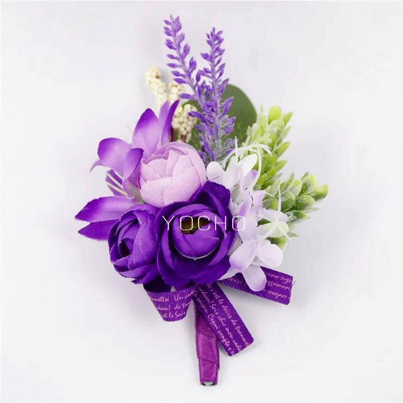 Artificial floral wedding buttonhole with ribbon finish