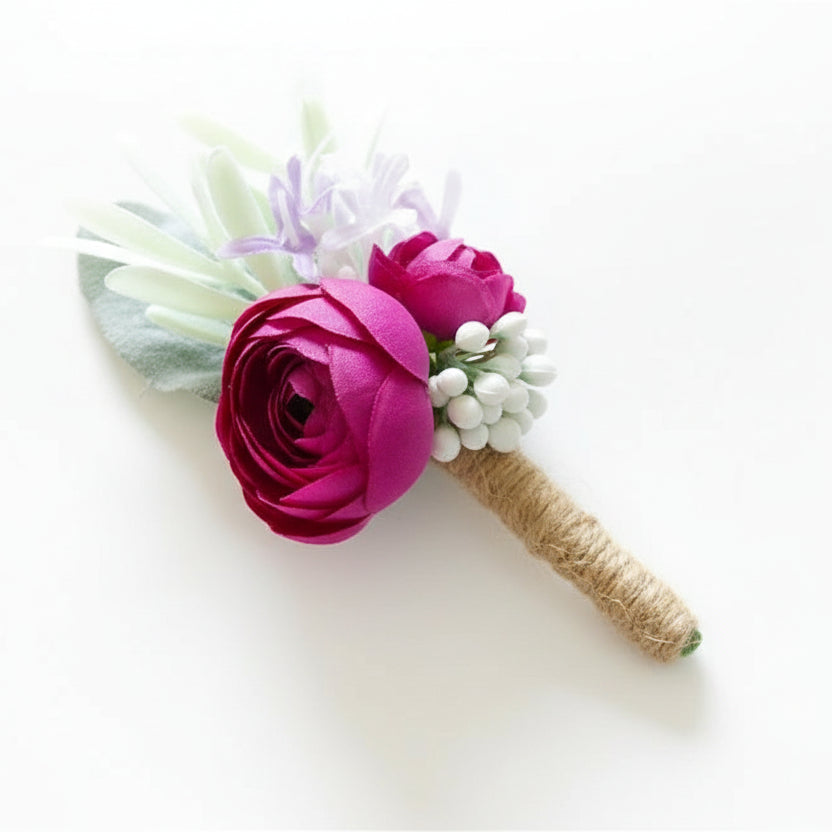 Artificial floral wedding buttonhole with ribbon finish