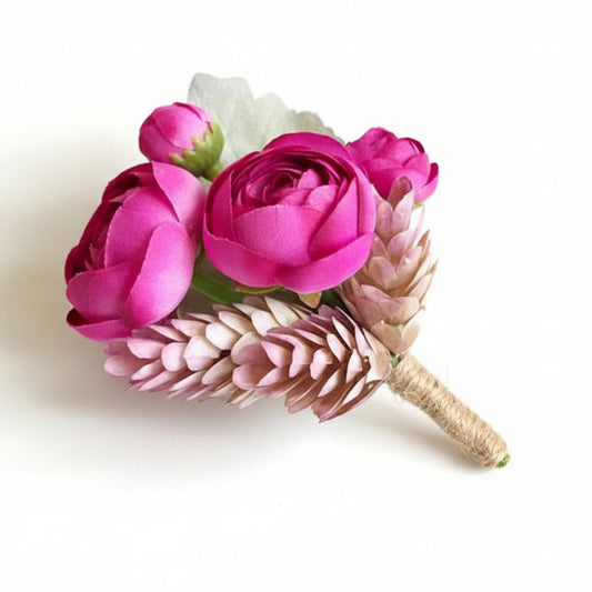 Artificial floral wedding buttonhole with jute finish