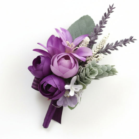 Artificial floral wedding buttonhole with ribbon finish