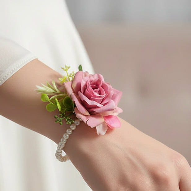 Artificial wedding wrist corsage with realistic flowers