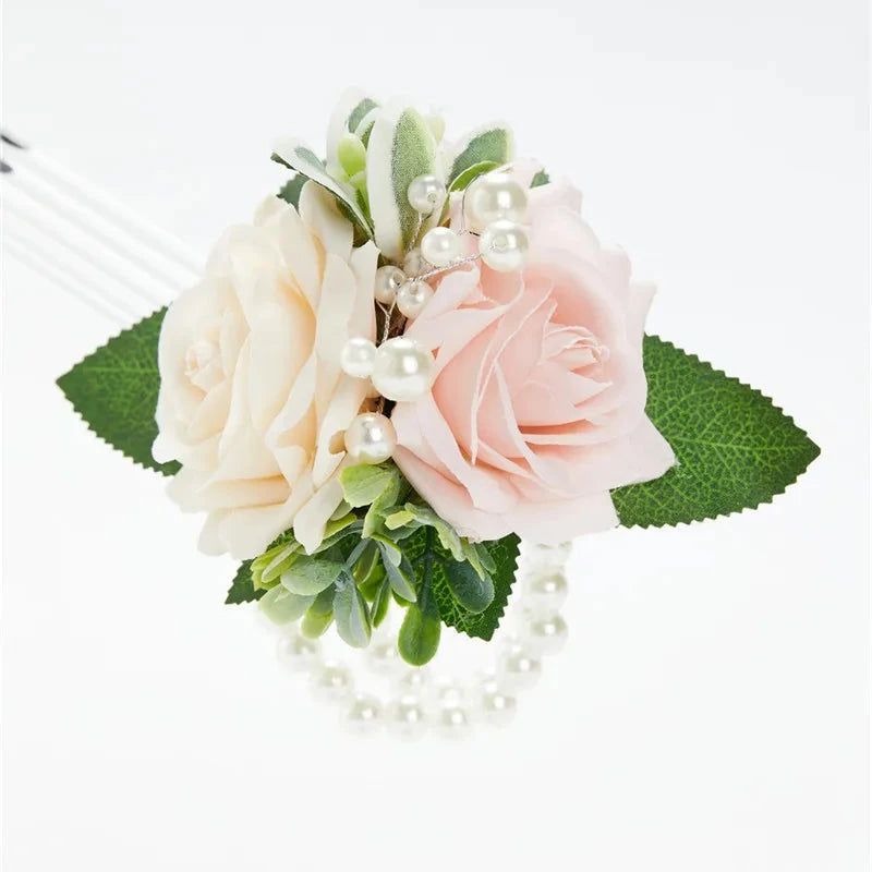 Artificial floral wedding wrist corsage on faux pearl bead bracelet