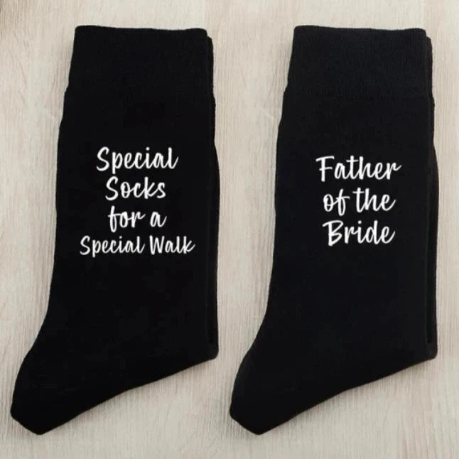 Father of the Bride wedding socks – black pair with ‘Special socks for a special walk’ text