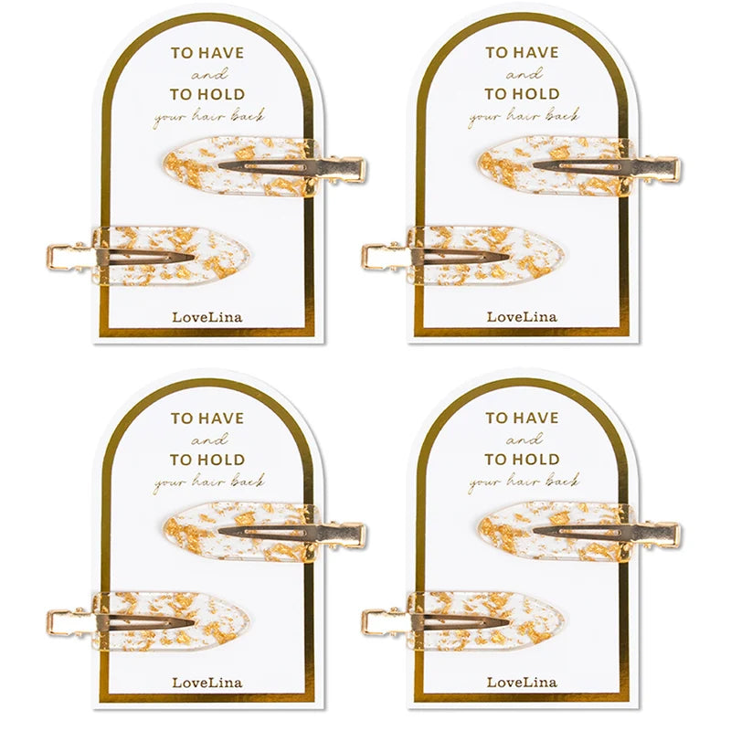4 Pairs of Gold Bridal Party Make-up Hair Setting Clips on sentimental gift card.