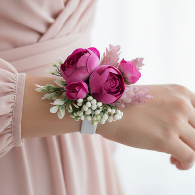 Artificial wedding wrist corsage with realistic flowers