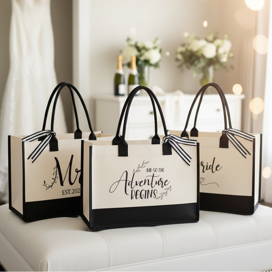 Three tote bags with 'Mrs', 'Est. 2026', and 'Bride' text on a white background