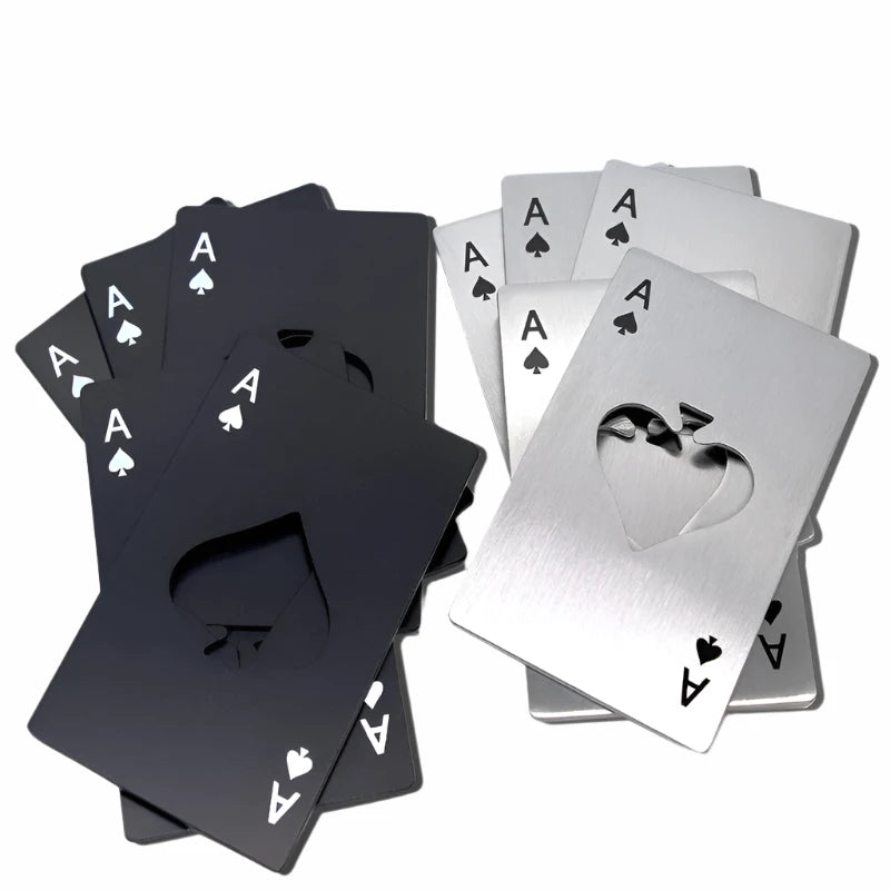 10 Ace of Spades bottle opener cards – stainless steel wedding favours (black or silver)