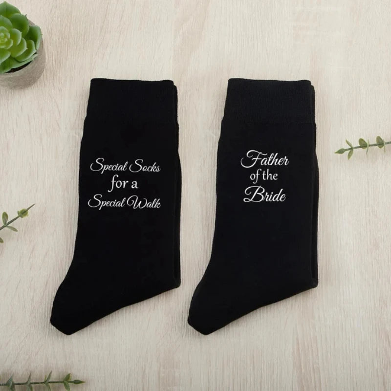 Father of the Bride wedding socks – black pair with ‘Special socks for a special walk’ text