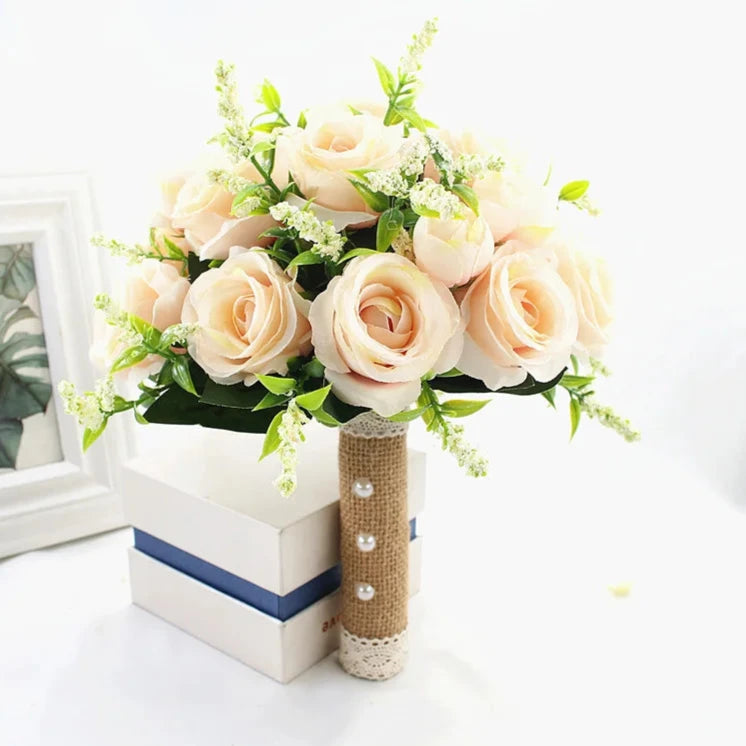 Champagne artificial wedding bouquet with lifelike roses in hessian finish