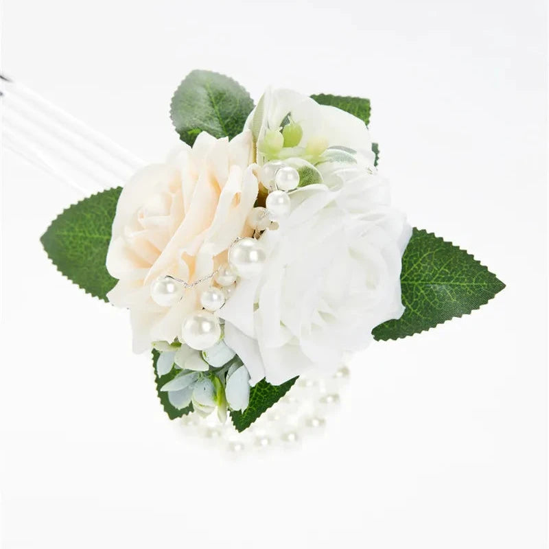 Artificial floral wedding wrist corsage on faux pearl bead bracelet