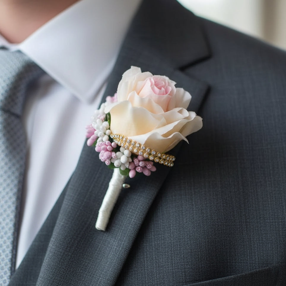 Champagne artificial floral wedding buttonhole with ribbon finish