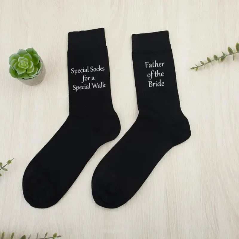 Father of the Bride wedding socks – black pair with ‘Special socks for a special walk’ text