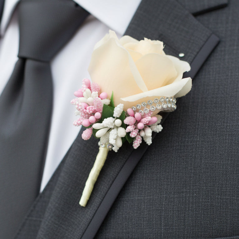 Champagne artificial floral wedding buttonhole with ribbon finish