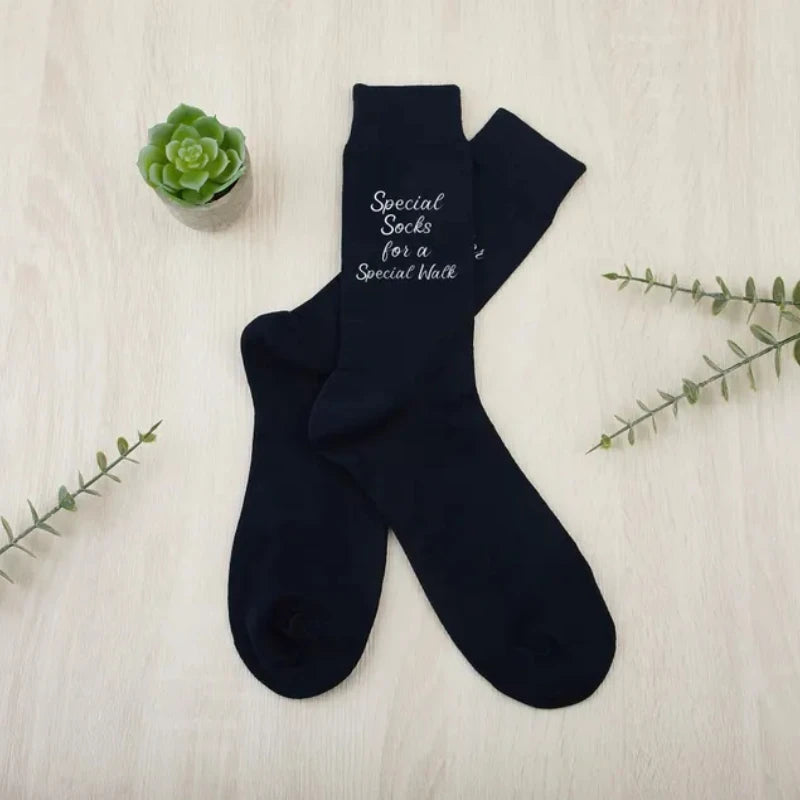 Father of the Bride wedding socks – black pair with ‘Special socks for a special walk’ text