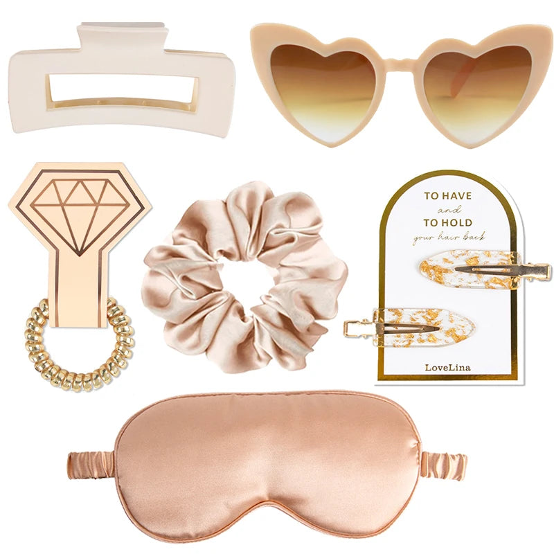 6-piece bridesmaid gift set with heart-shaped sunglasses, satin scrunchie, hair tie, claw clip, and satin eye mask