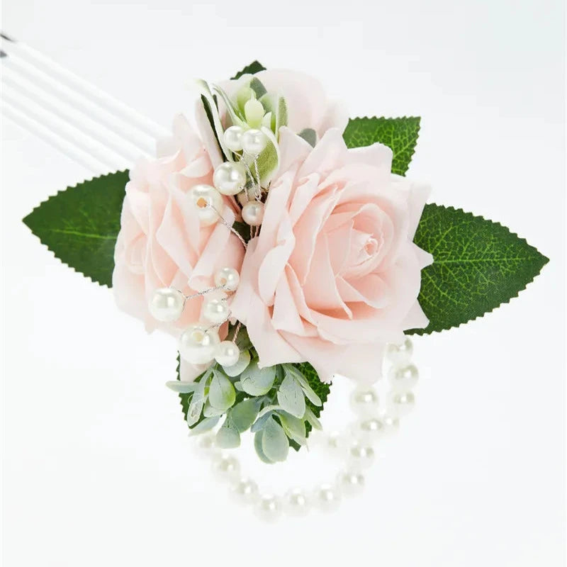 Artificial floral wedding wrist corsage on faux pearl bead bracelet