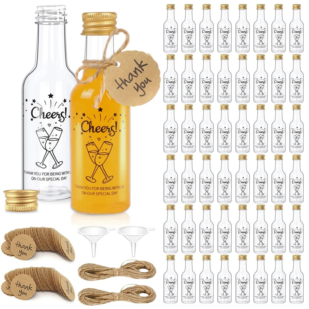 50 clear plastic mini bottles with gold screw caps and thank you tags – wedding favour gift set
